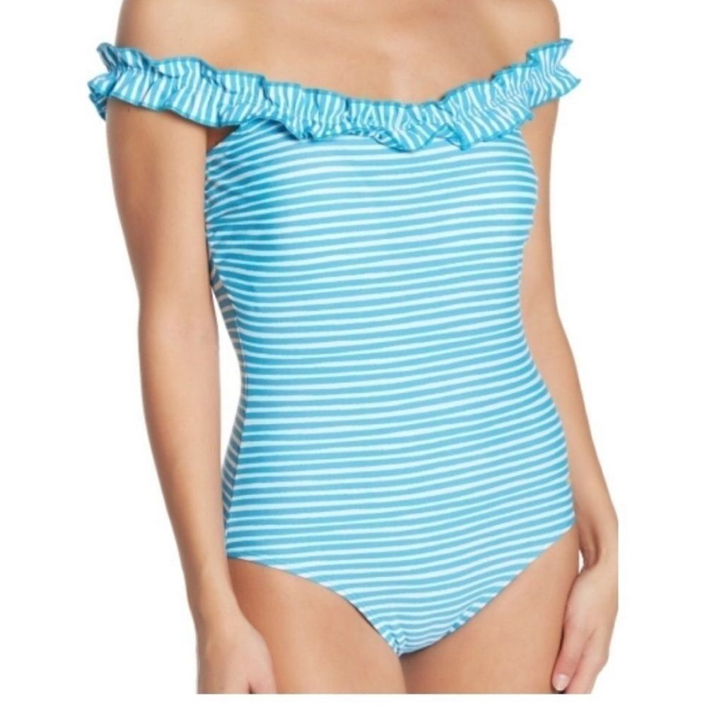 NICOLE MILLER One Piece Stripe Off Shoulder Ruffle Swim Bathing Suit Size 10